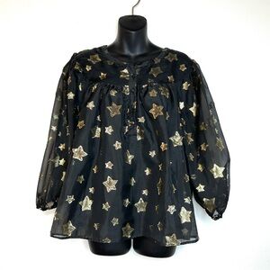 Cato Women's Sheer Blouse M Black & Gold Stars Witchy Whimsygoth Festive